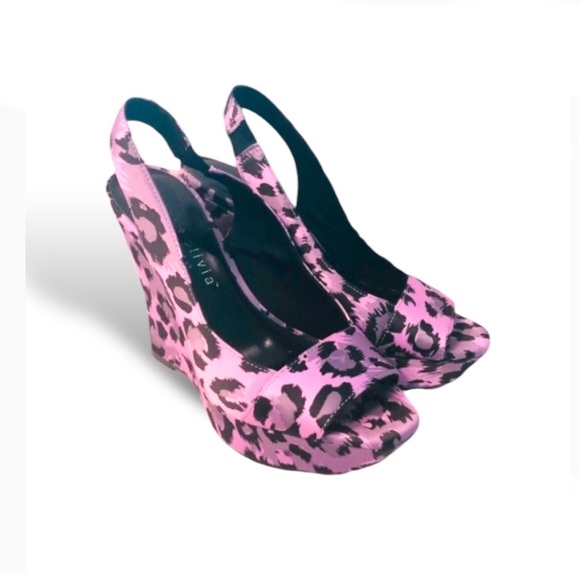 ηεω A+O Pink Leopard Slingback Peep-Toe Wedge Vintage Alice + Olivia Excellent - Picture 16 of 16